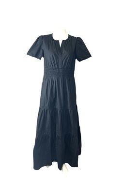 Quince black poplin tiered organic cotton short sleeve maxi dress Med NWT